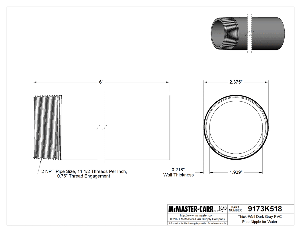 Technical Drawing of Thick-Wall Dark Gray PVC Pipe Nipple for Water, Threaded on One End, 2 NPT, 6" Long.